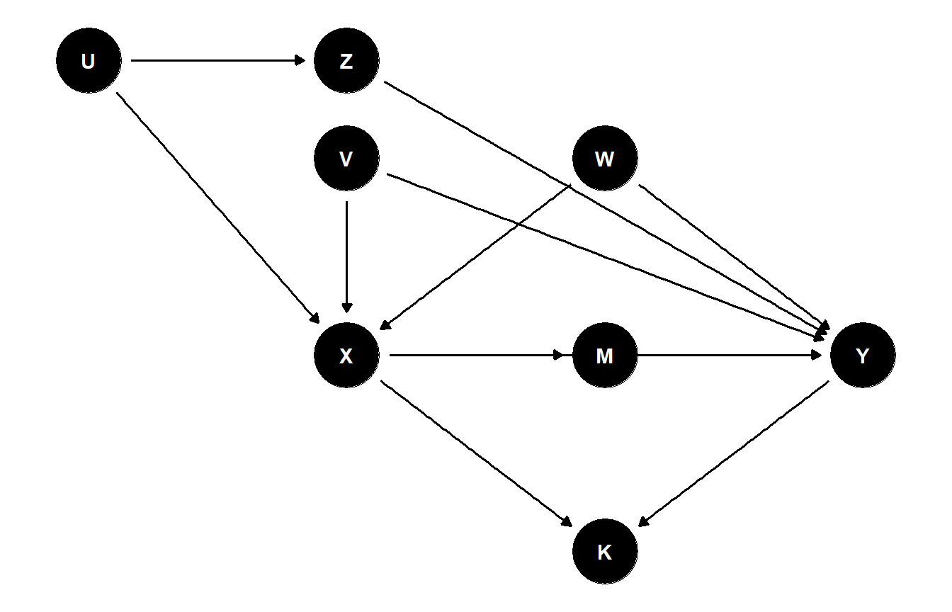 DAG with X on the left and Y on the right; V and W are common causes of X and Y; U points to X and to Z, and Z points to Y; X points to M which points to Y; X and Y both point to K below.
